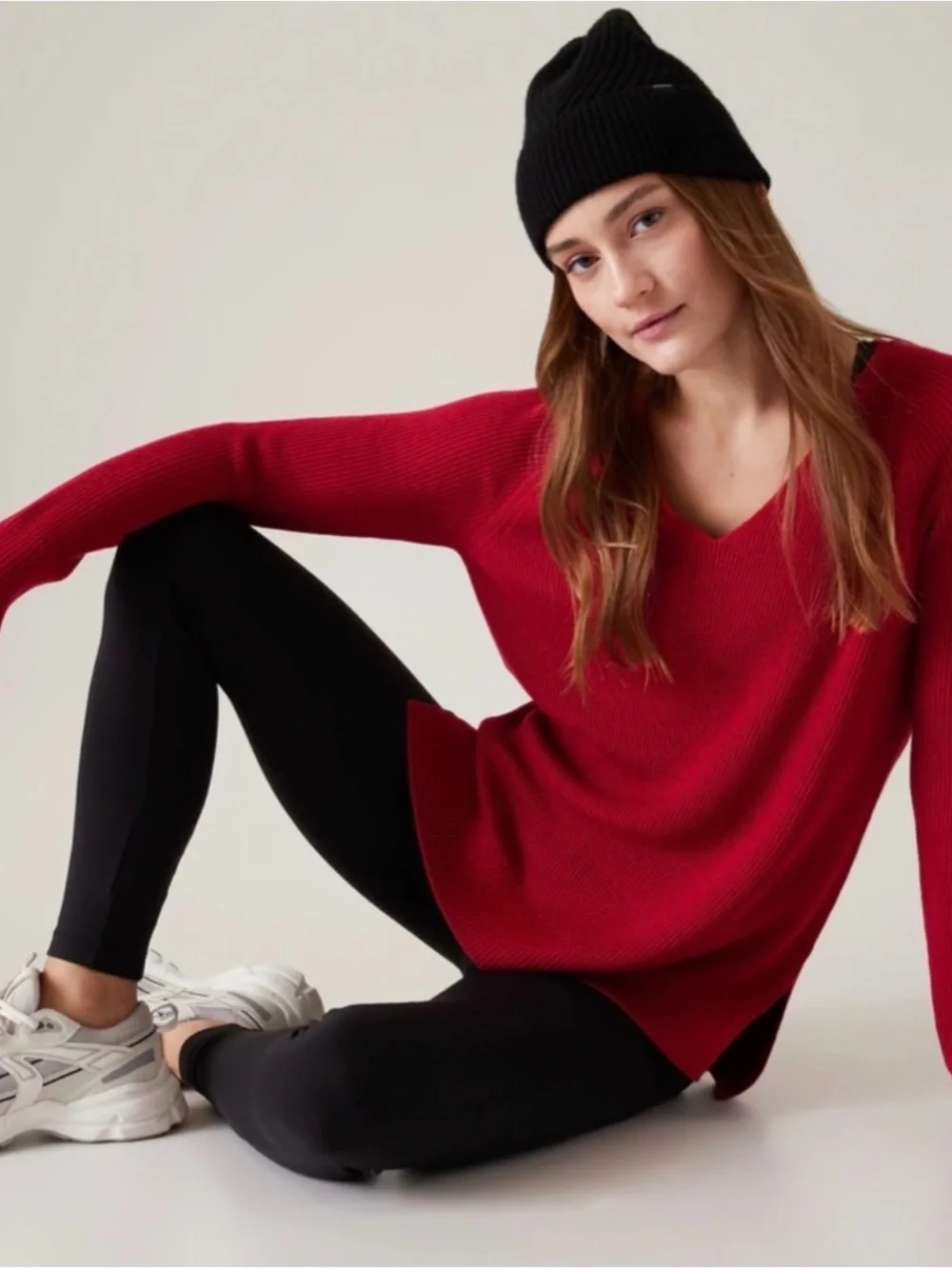Athleta Red V-Neck Ribbed Sweater - Picture 1 of 9